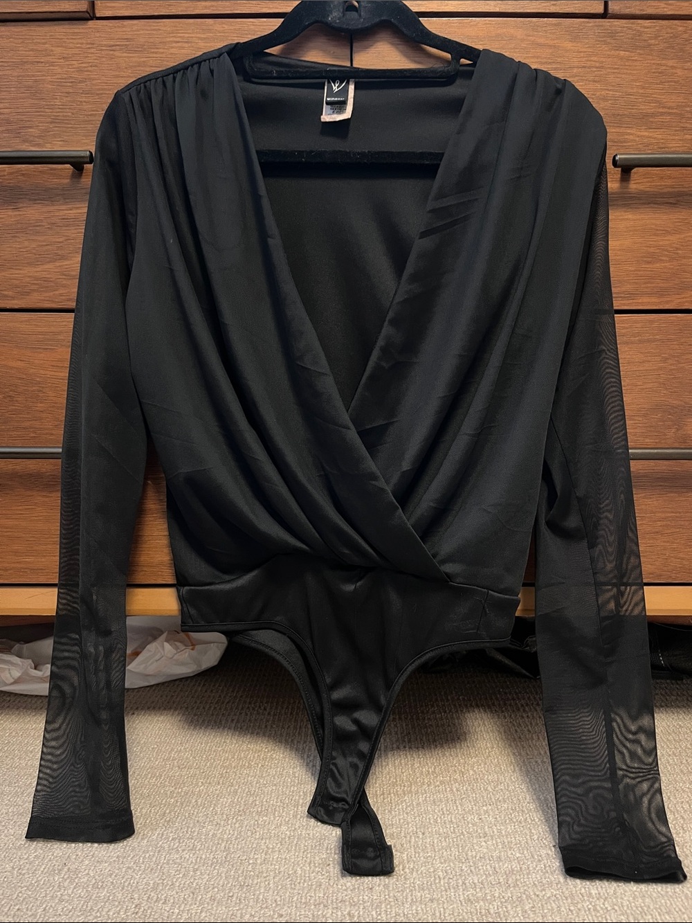 Windsor Black Wrap-Front Long Sleeve Bodysuit Bandeau